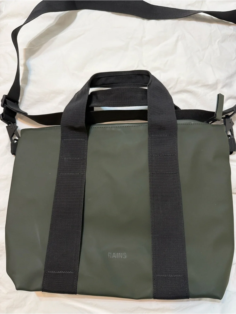 RAINS Olive Green Laptop Bag with Black Straps